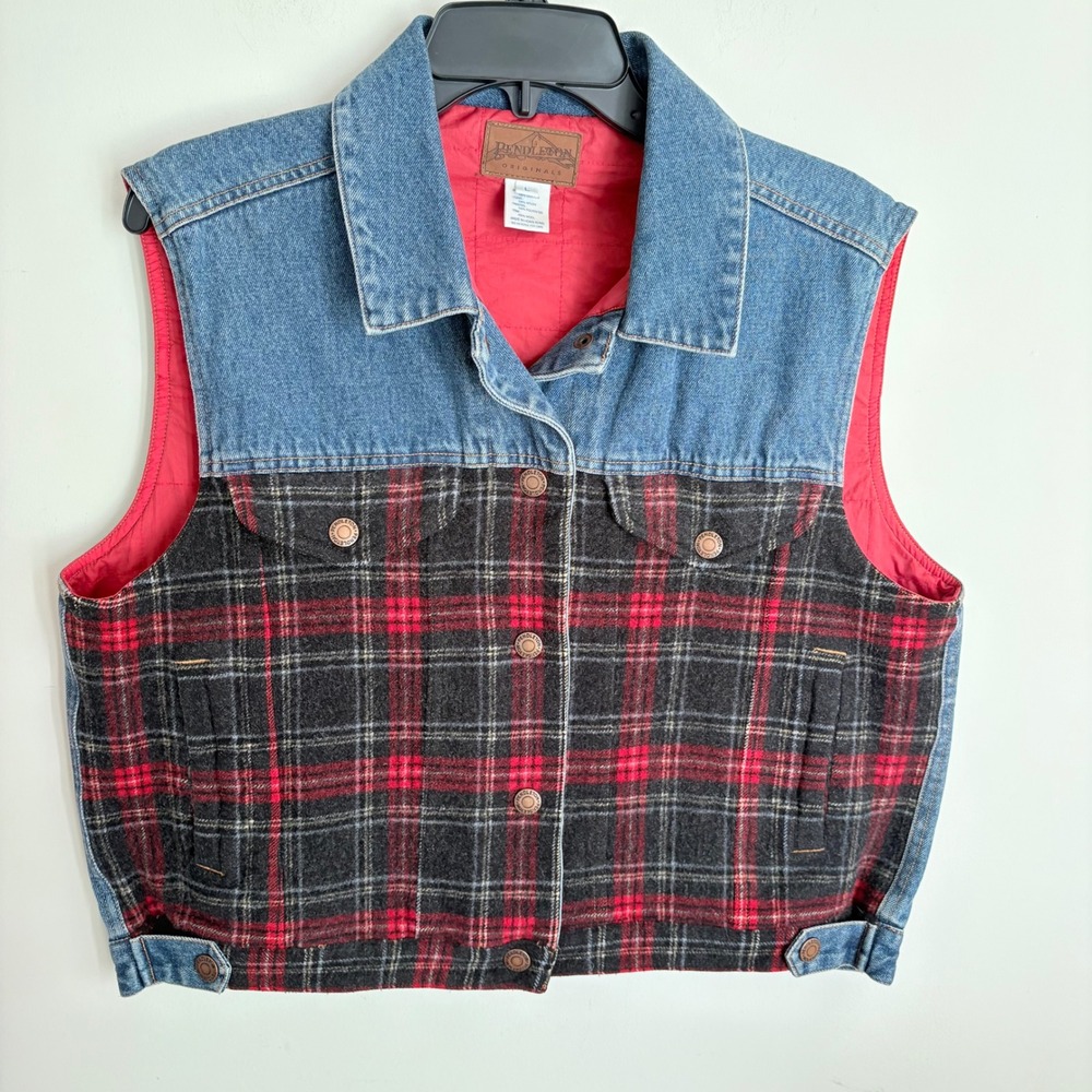 Pendleton Vintage Plaid Denim Vest Women Wool Trim Large Womens